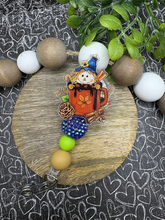 Scarecrow Beaded Badge Reel - Blue, Green, Tan