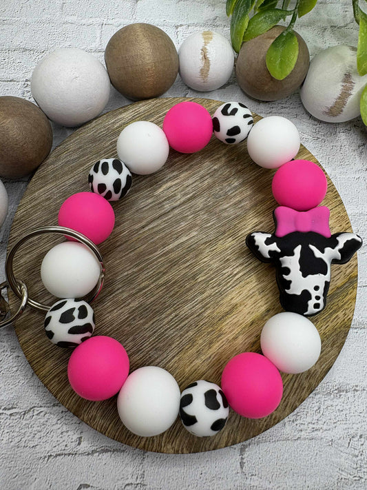 Pink & Cow Print Beaded Wristlet Keychain
