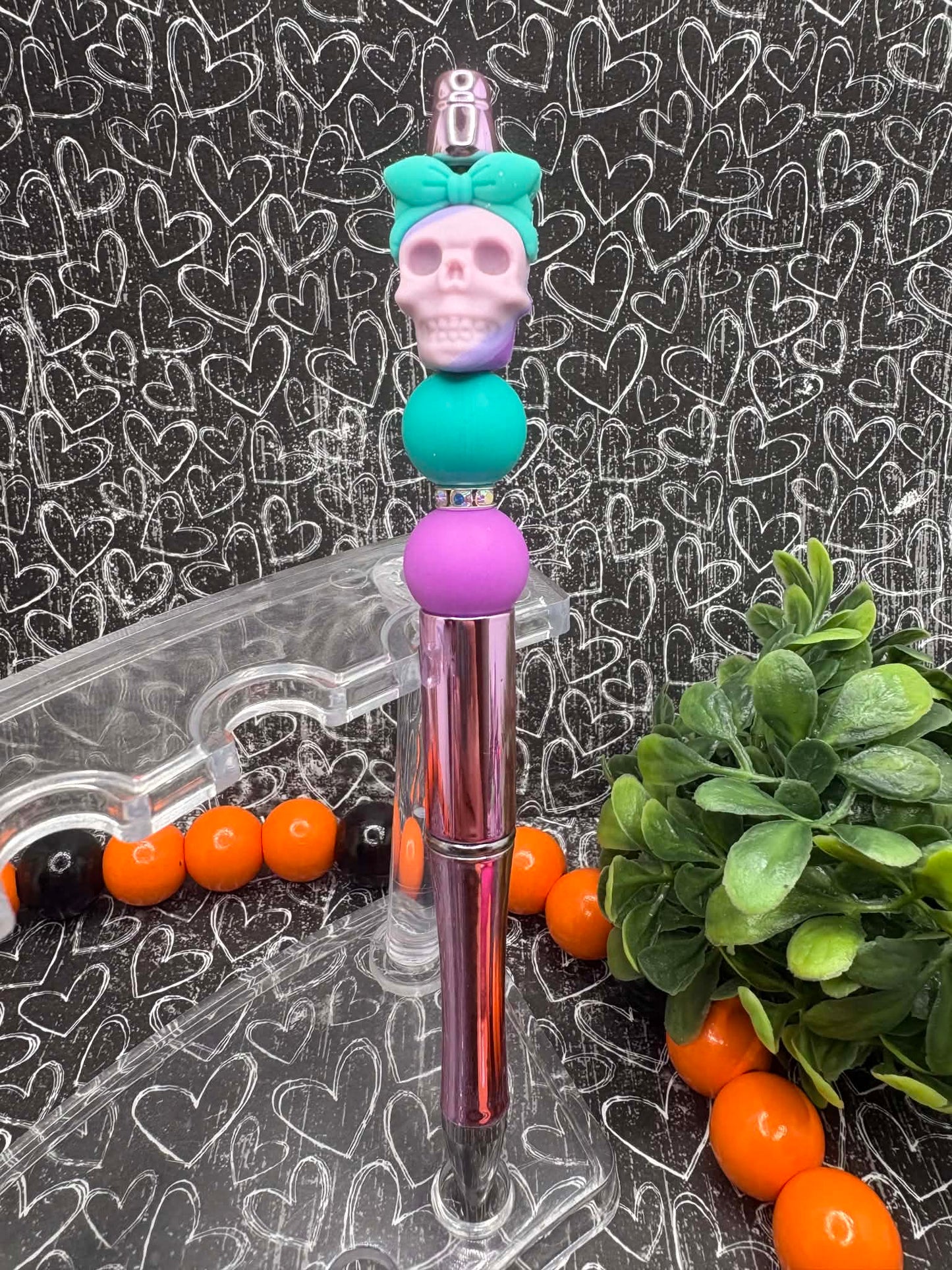 Purple & Teal Skull Beaded Ink Pen