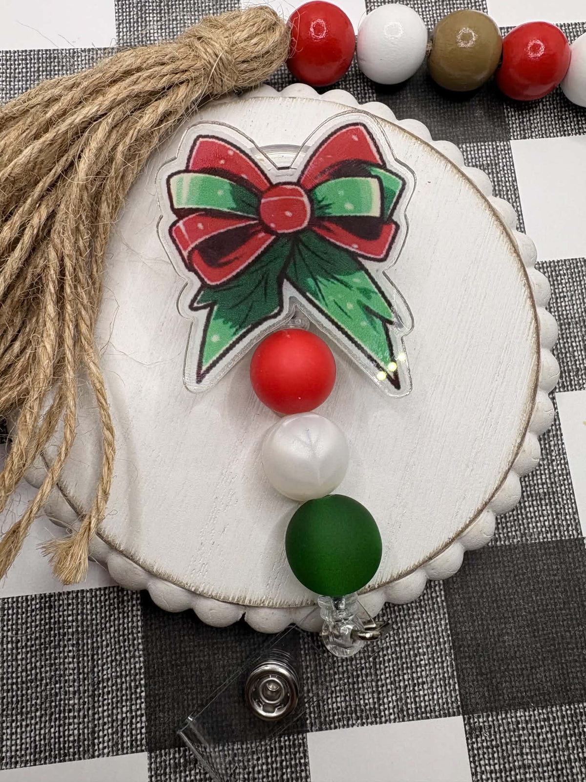 Red & Green Christmas Bow Beaded Badge Reel