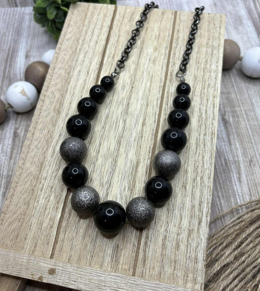 Gunmetal Necklace w/ Black & Textured Gunmetal Beading