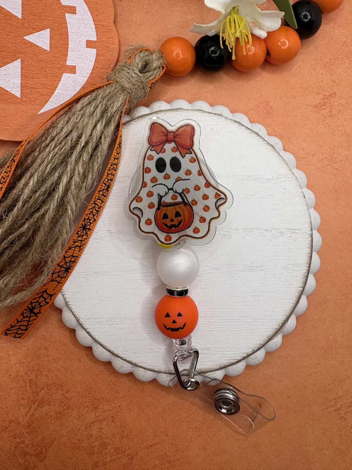 Jack O' Lantern Ghost Halloween Beaded Badge Reel