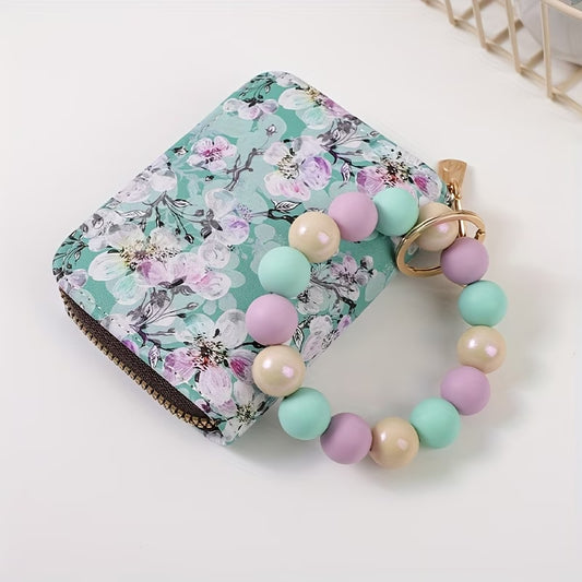 Purple & Soft Blue Floral Patterned Beaded Wristlet Wallet