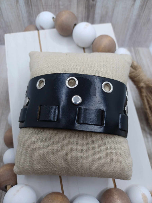Black Leather Style Bracelet w/ Silver Gromets