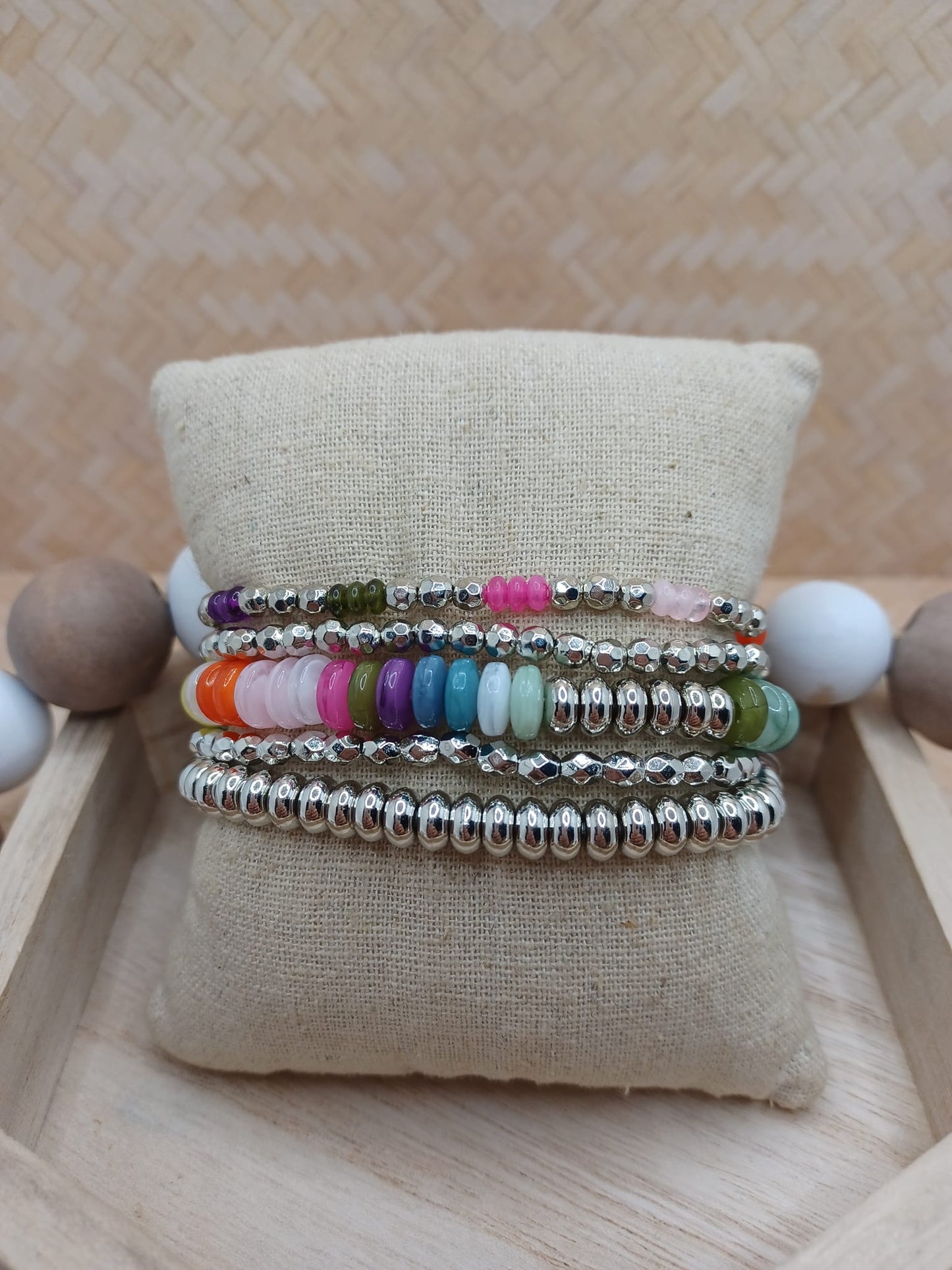Silver Bracelet Set w/ Multicolored Beading