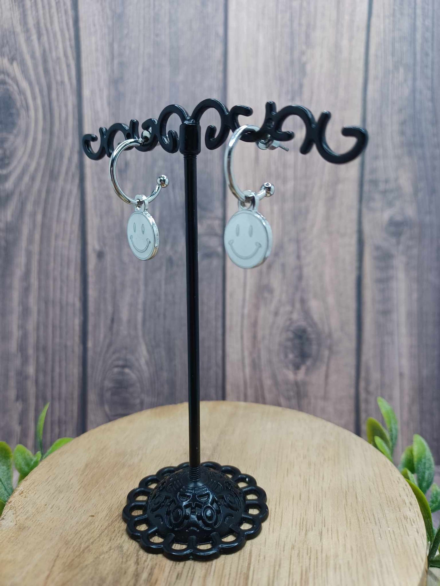 Silver Hoop Earrings w/ White Smiley Face