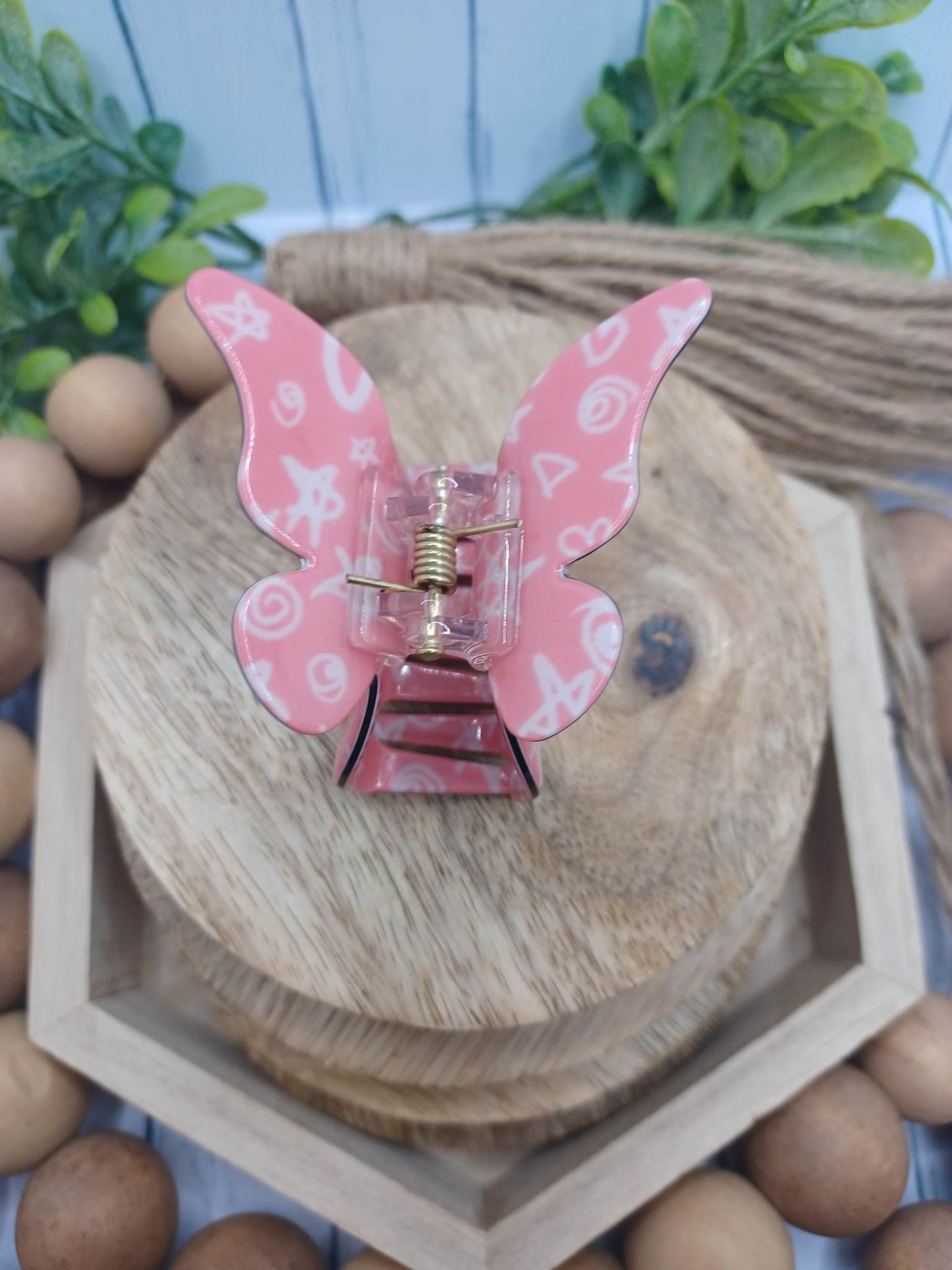 Pink Butterfly Hair Claw Clip w/ Multicolored Stars & Shapes