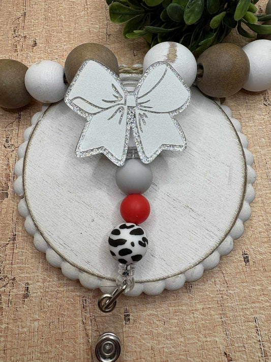 White Bow Beaded Badge Reel - Grey, Red, Cow