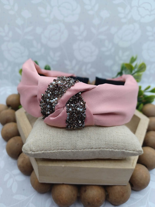 Ash Pink Headband w/ Druzy Crushed Stone & Pearl Accents