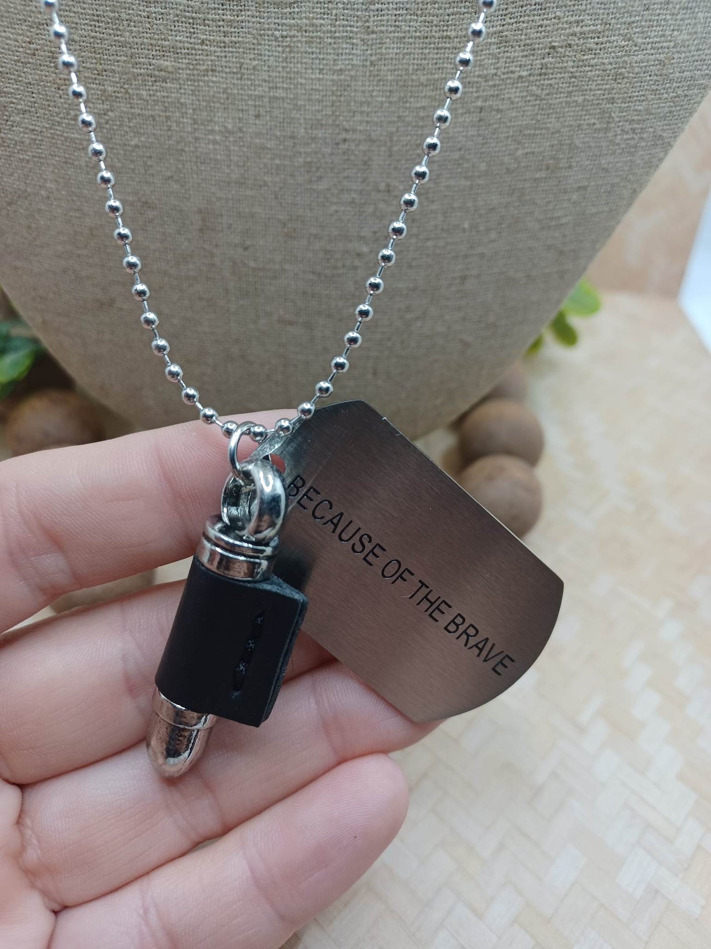 Home of the Free Because of the Brave Dog Tag with Charm Accent