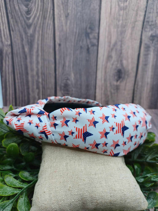 White Fabric Style Headband w/ Red, White, & Blue Stars