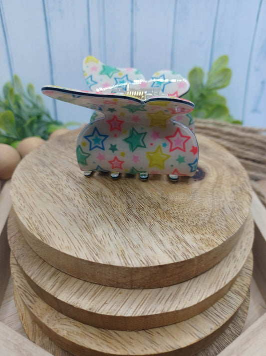 White Butterfly Hair Claw Clip w/ Multicolored Neon Stars