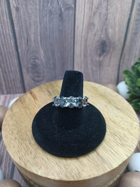 Silver Ring w/ Purple & Green Oil Spill Stacked Rhinestones - Size 7.5