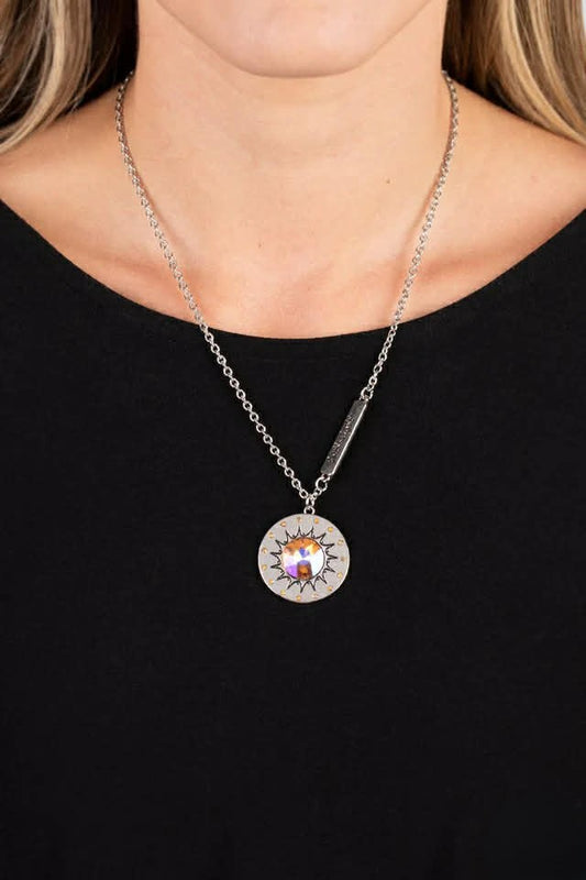 Silver "Be the Light" Necklace w/ Multicolored Rhinestone Pendant