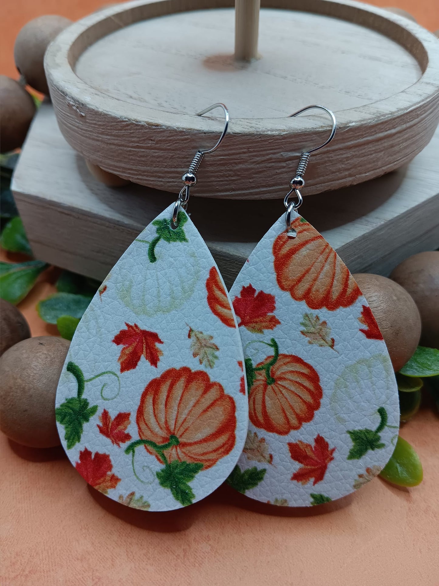 Thanksgiving Patterned Earrings w/ Leaves & Pumpkins