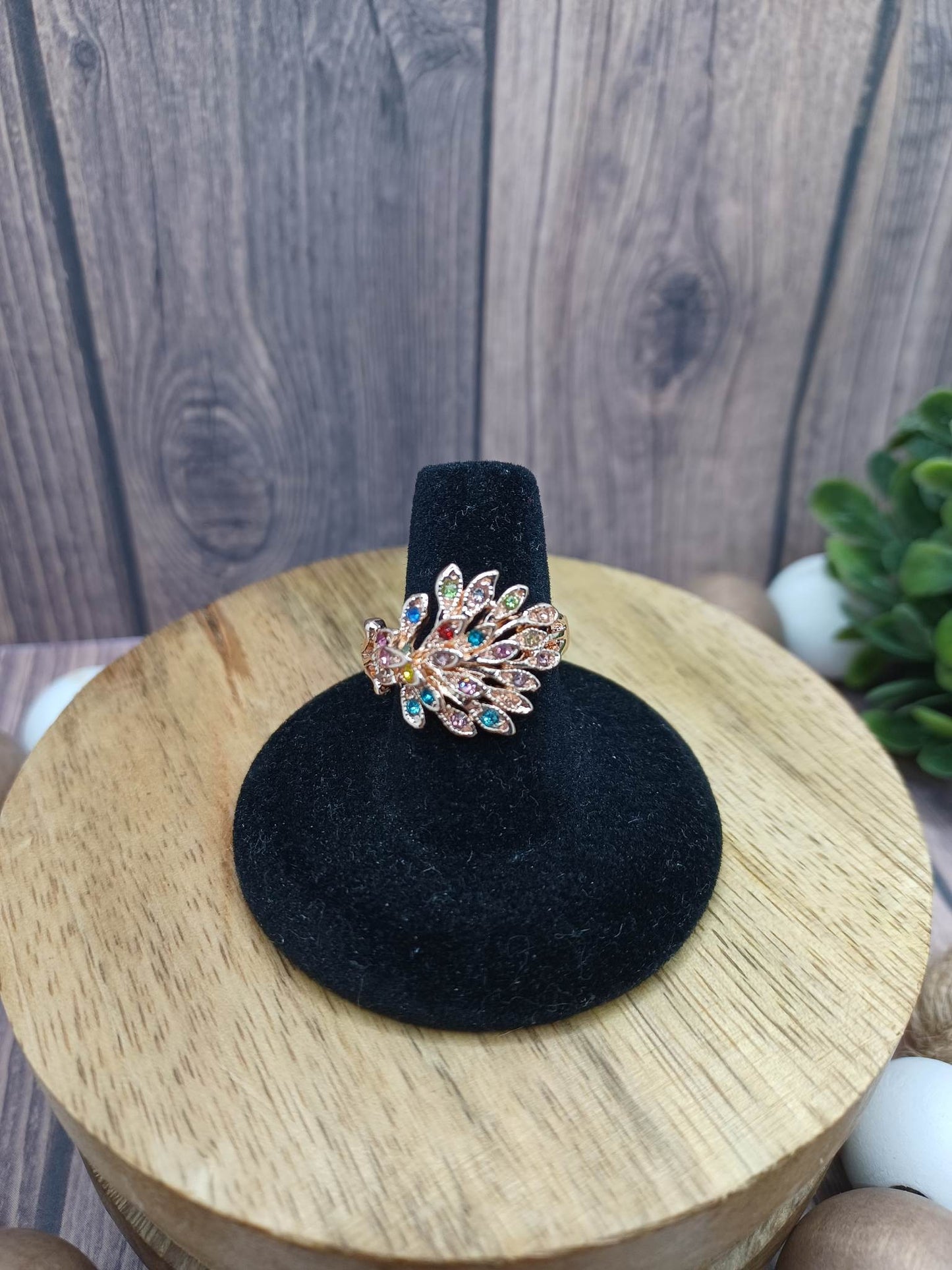Rose Gold Ring w/ Multicolored Rhinestone Peacock - Size 9