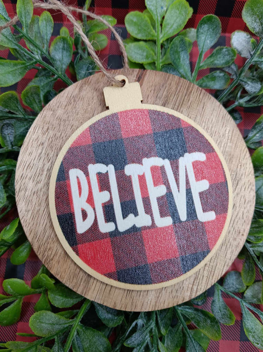 Believe Buffalo Plaid Holiday Ornament