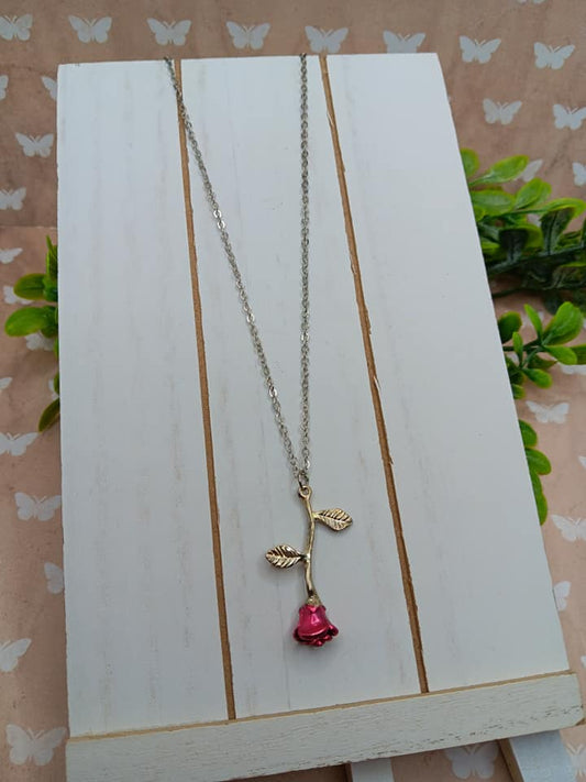 Silver Necklace w/ Red Rose Pendant