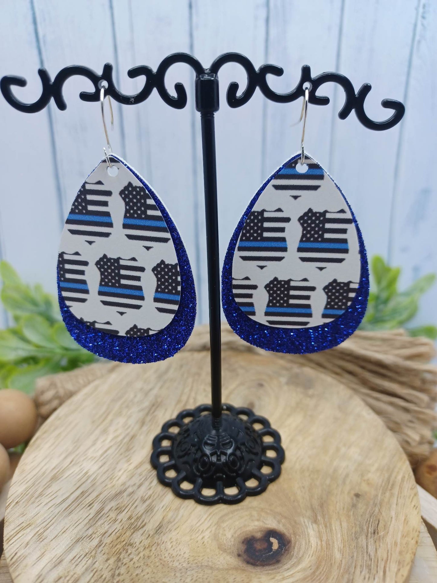 Blue Double Layered Earrings w/ Thin Blue Line Design