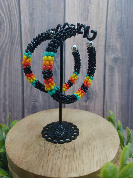 Black & Colorful Seed Beaded Hoop Earrings