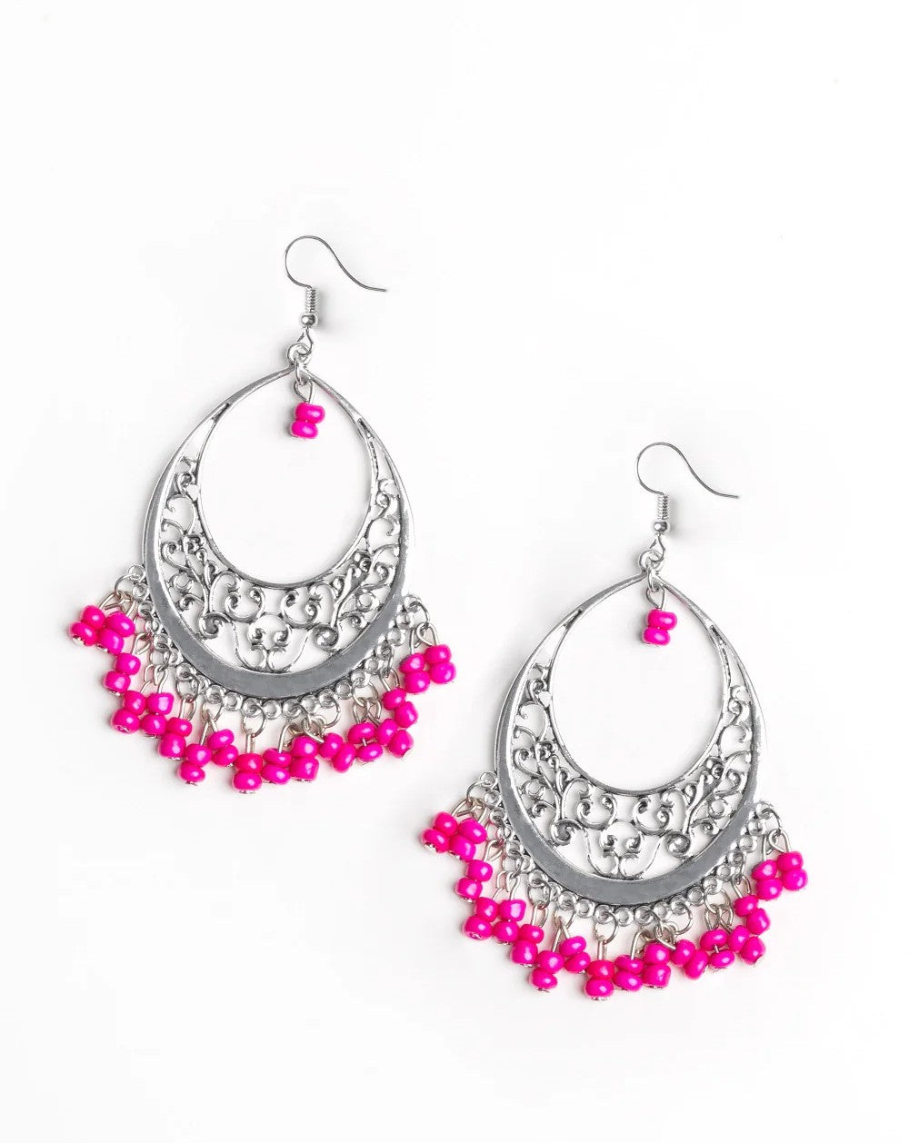Silver Filigree Earrings w/ Pink Dangle Stones