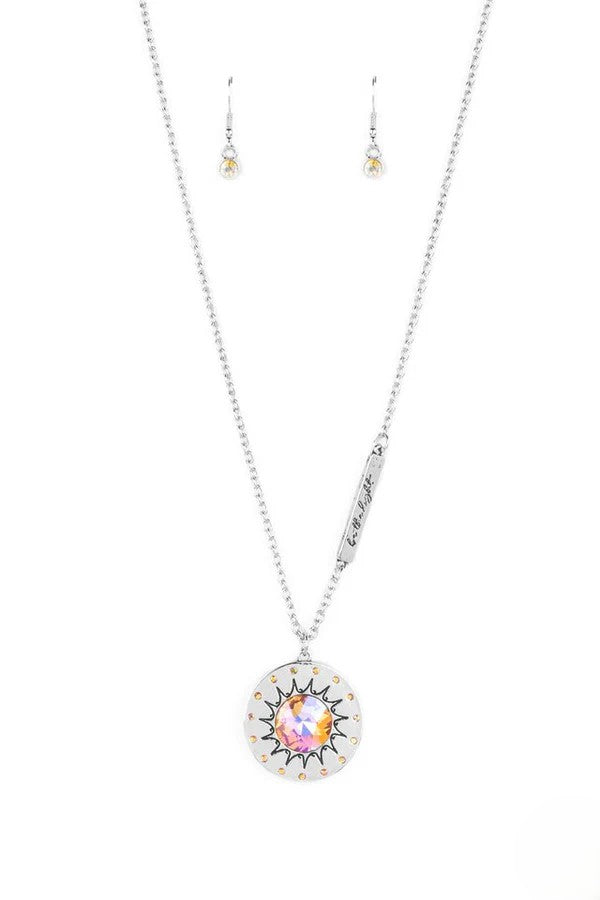 Silver "Be the Light" Necklace w/ Multicolored Rhinestone Pendant