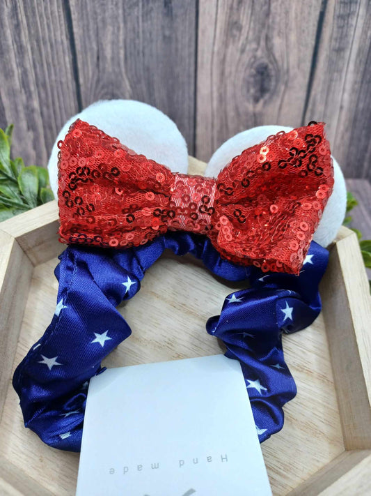Blue Scrunch Hair Accessory w/ White Stars & White Mouse Ears
