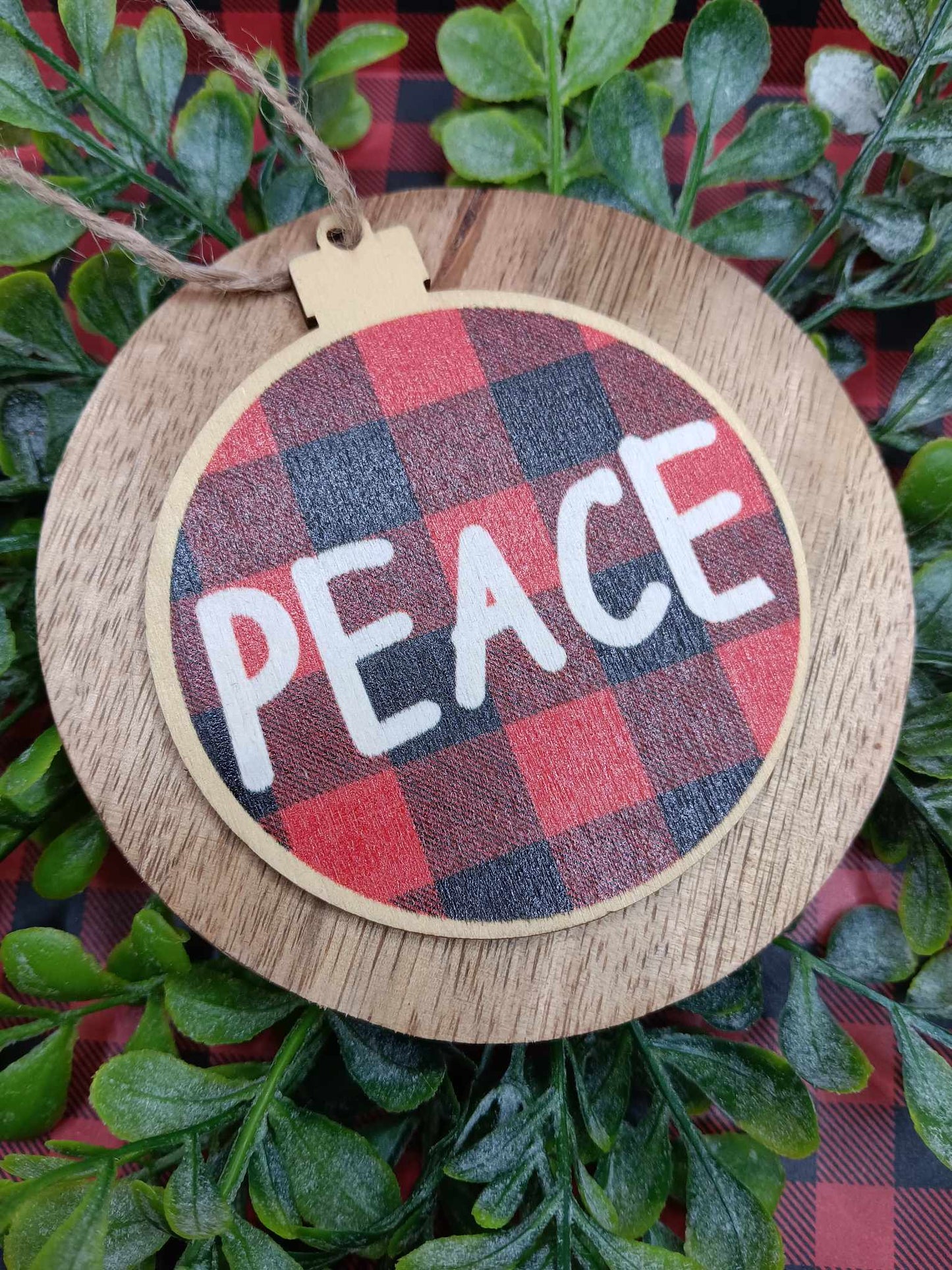 Peace Buffalo Plaid Christmas Ornament