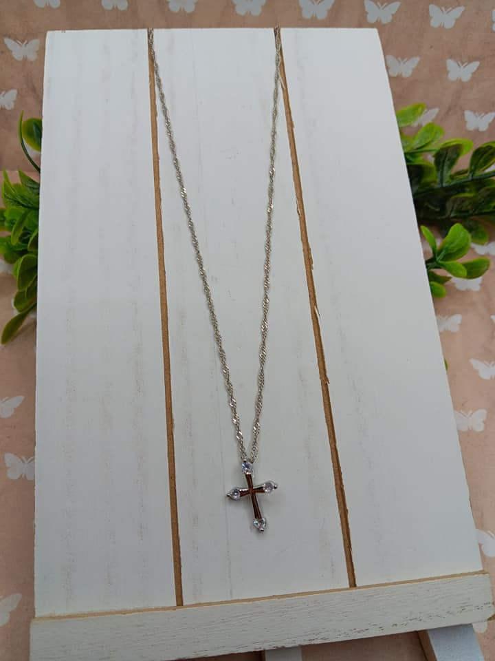 Silver Necklace w/ Dainty Cross Pendant w/ Rhinestones