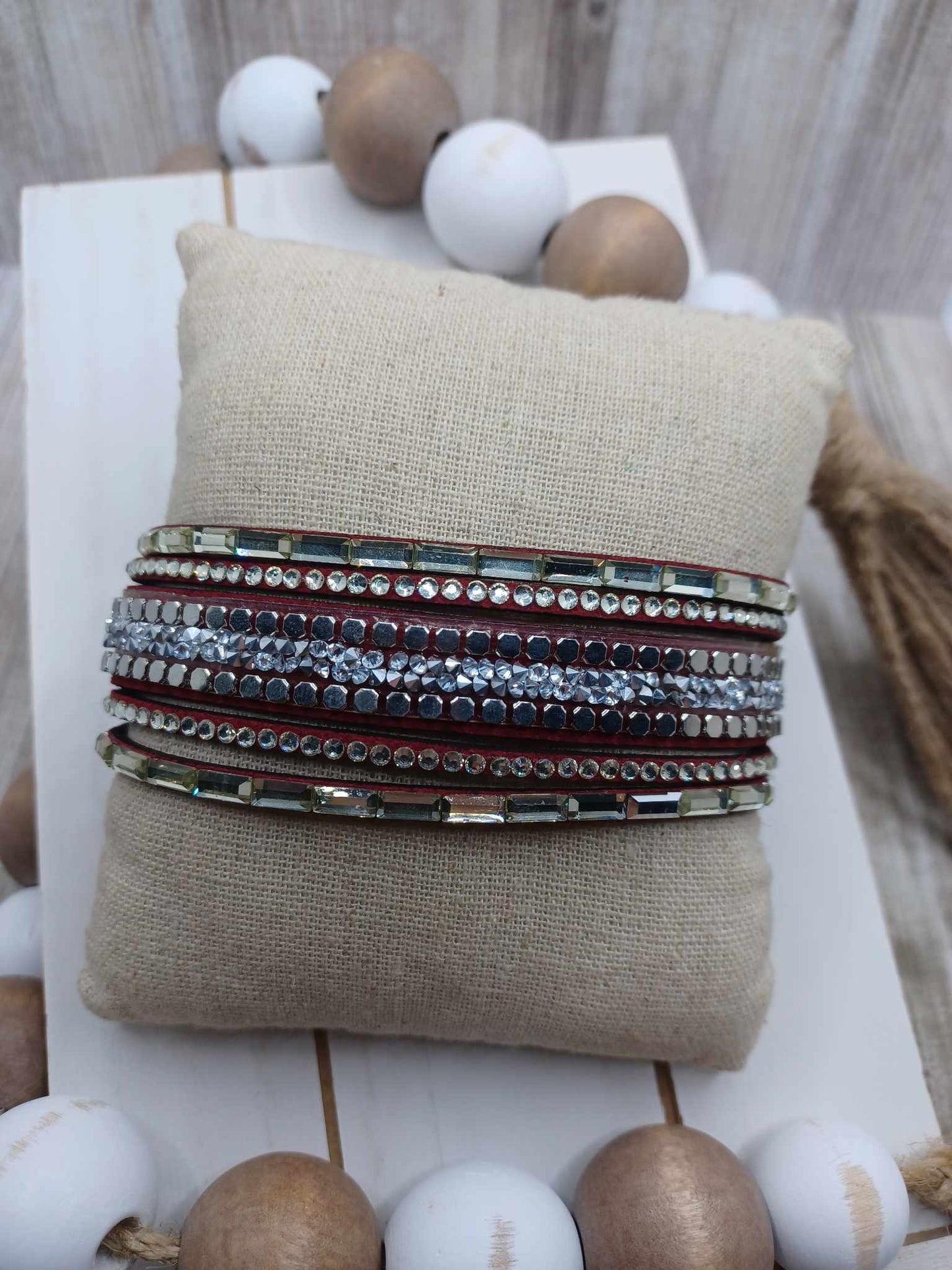 Red Suede Bracelet w/ Rhinestones & Crushed Druzy Stones