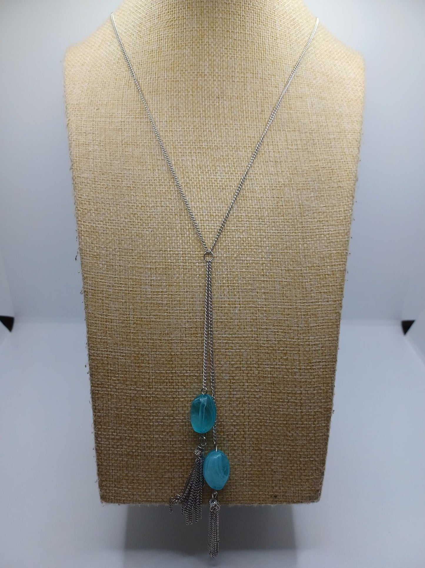 Silver Necklace w/ Blue Marbled Pendants & Silver Tassels
