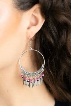 Silver Earrings w/ Black, Pink, & Silver Dangle Beading