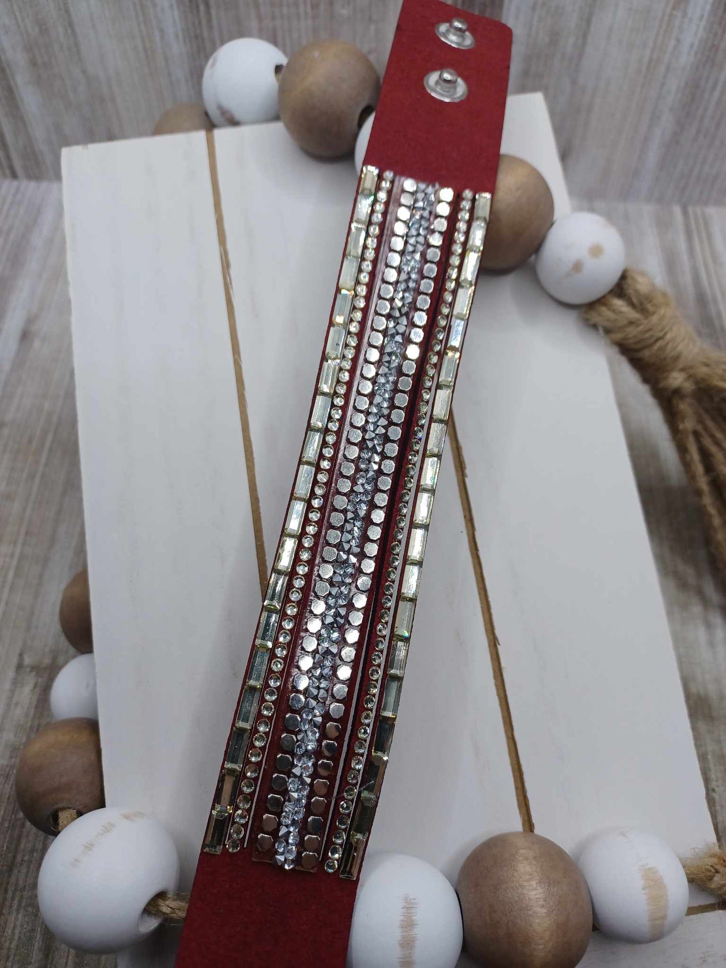Red Suede Bracelet w/ Rhinestones & Crushed Druzy Stones