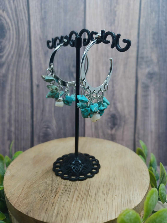 Silver Hoop Earrings w/ White & Turquoise Crackle Stones