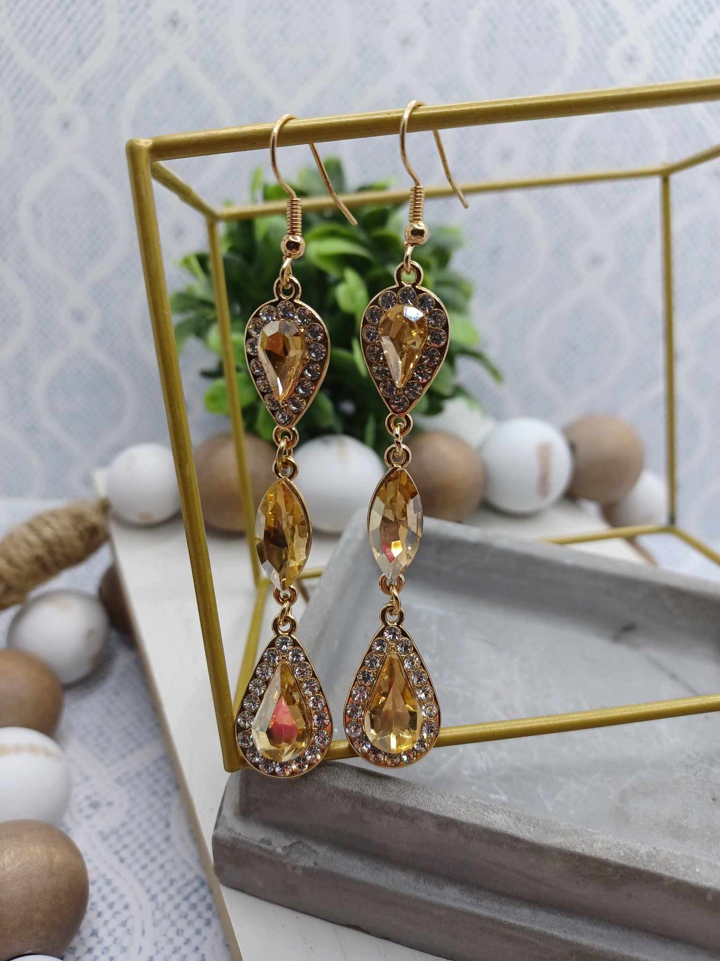 Gold Teardrop Style Earrings w/ White & Champagne Rhinestones