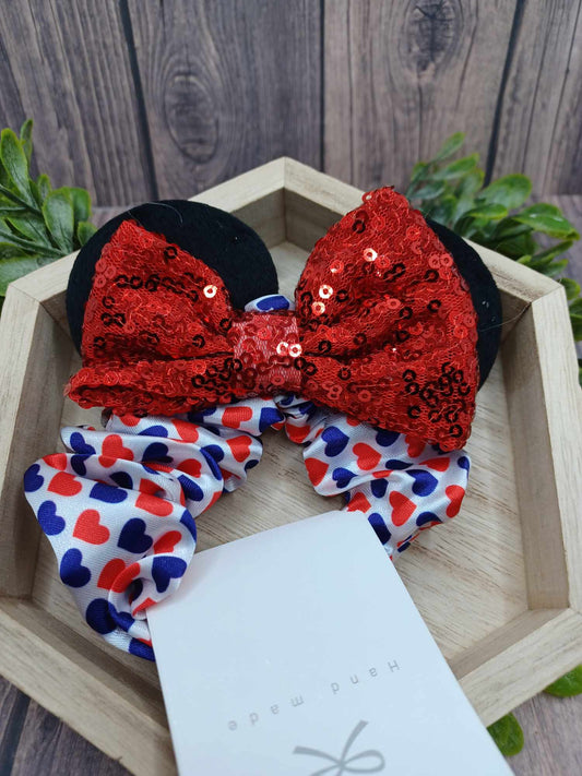 Red, White, Blue Heart Scrunch Hair Accessory w/ Black Mouse Ears