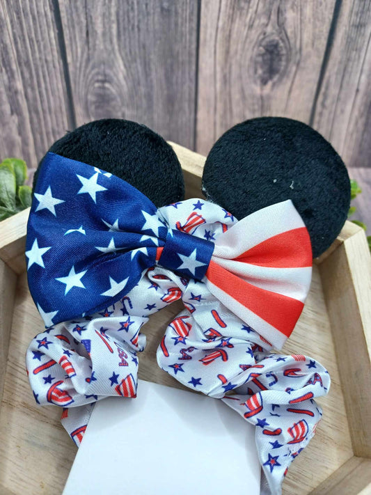 Patriotic Themed Scrunch Hair Accessory w/ Black Mouse Ears