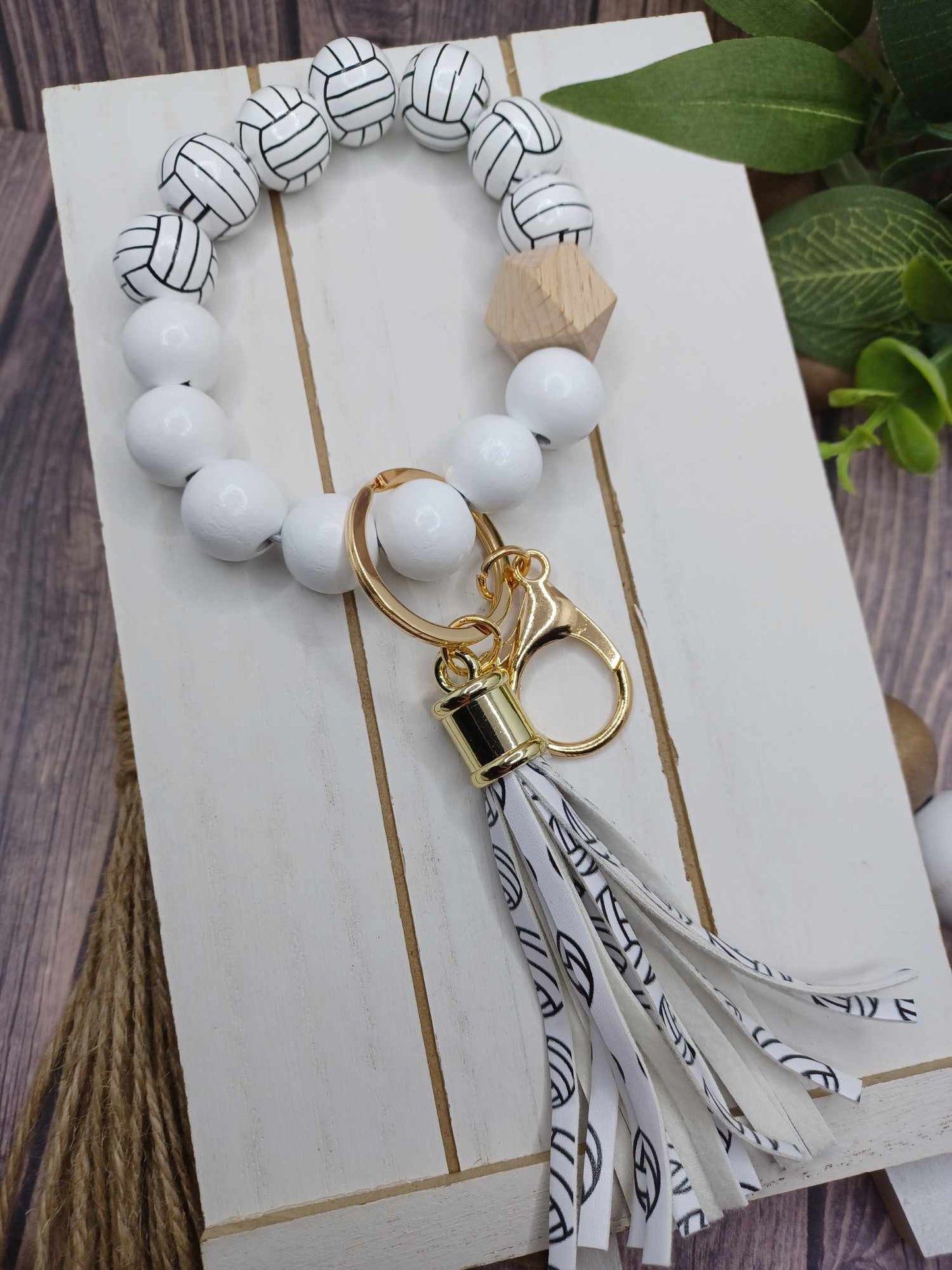 Volleyball Beaded Wristlet Keychain w/ Tassel
