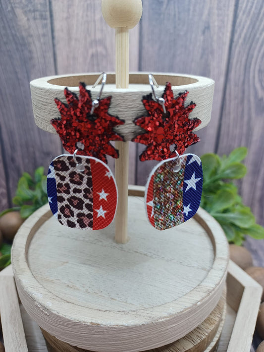 Red, White, Blue, & Leopard Pineapple Earrings w/ Red Glitter Topper