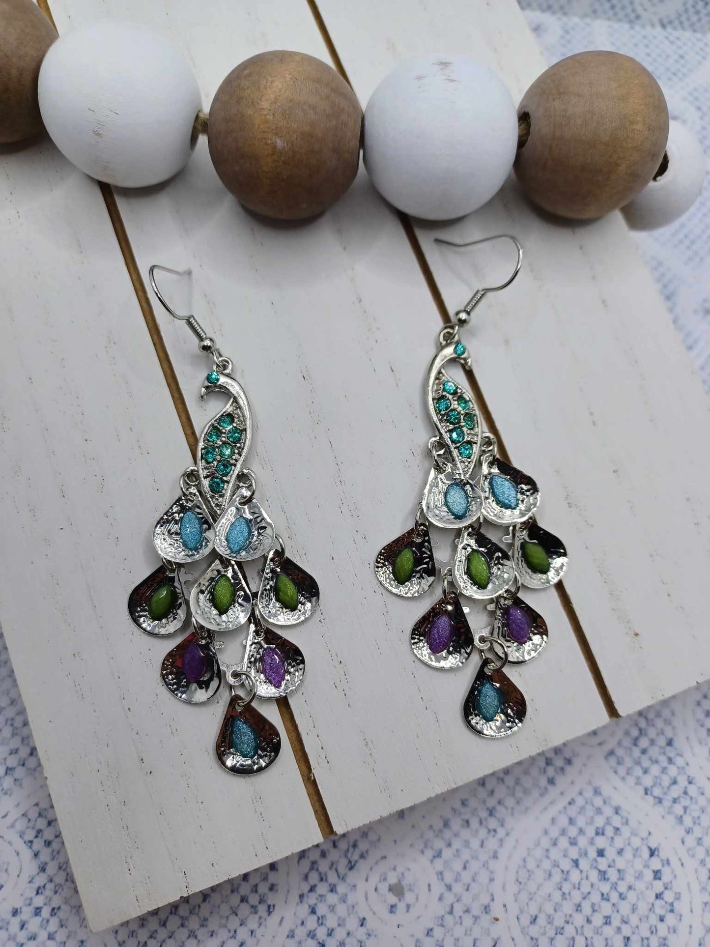 Peacock Style Layered Earrings w/ Multicolored Rhinestones