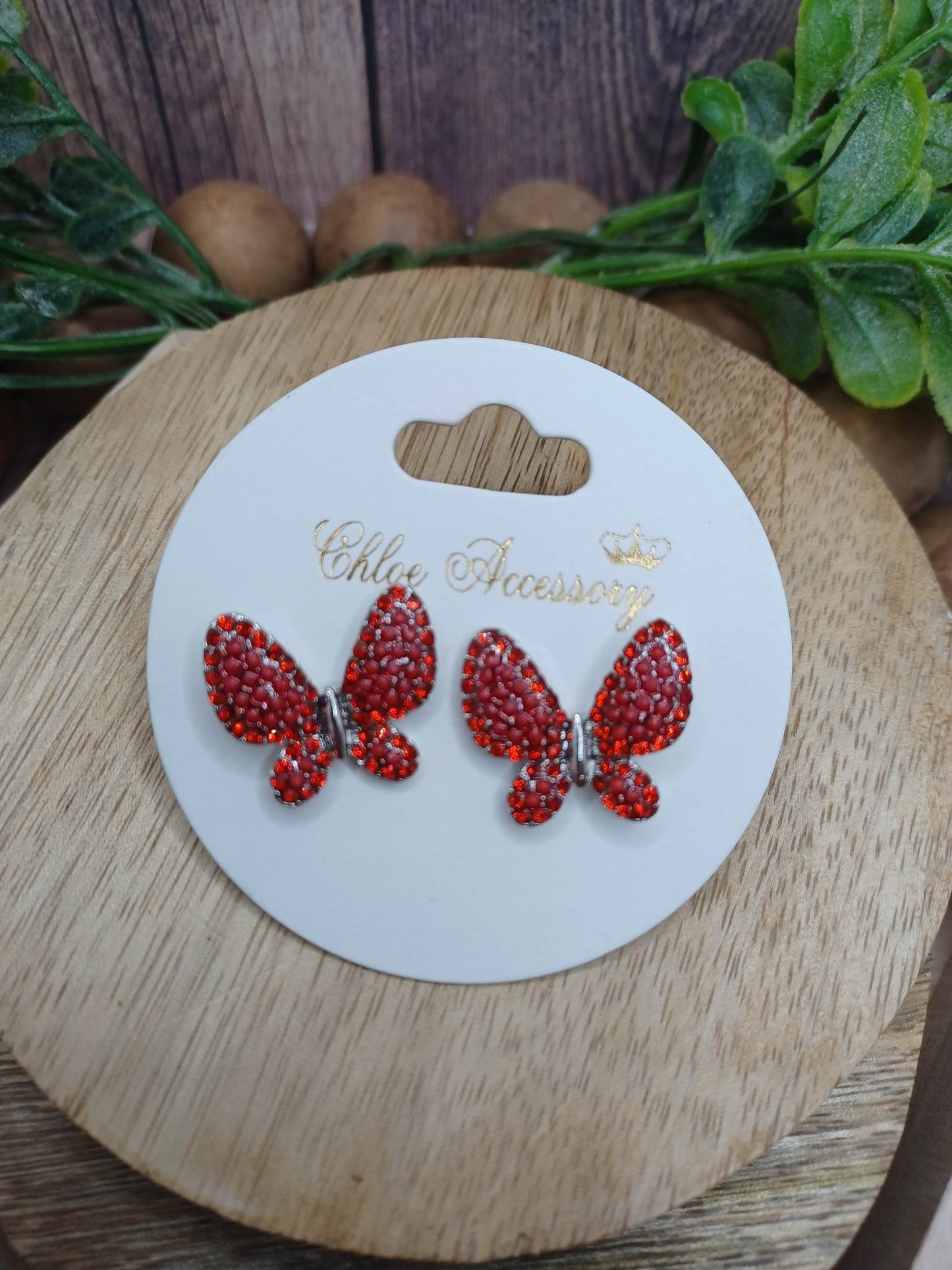 Red Rhinestone Butterfly Earrings