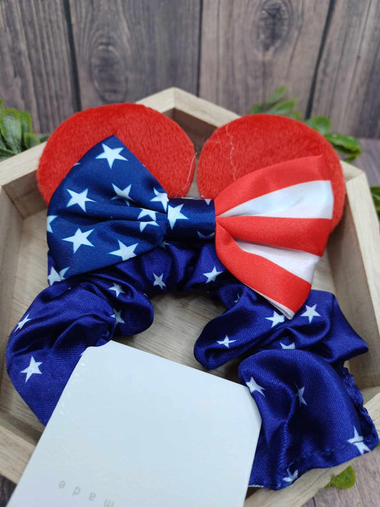 Blue Scrunch Hair Accessory w/ White Stars & Red Mouse Ears