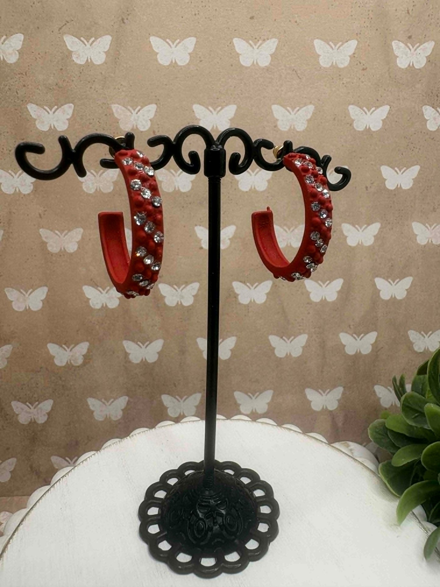 Red Rhinestone Hoop Earrings