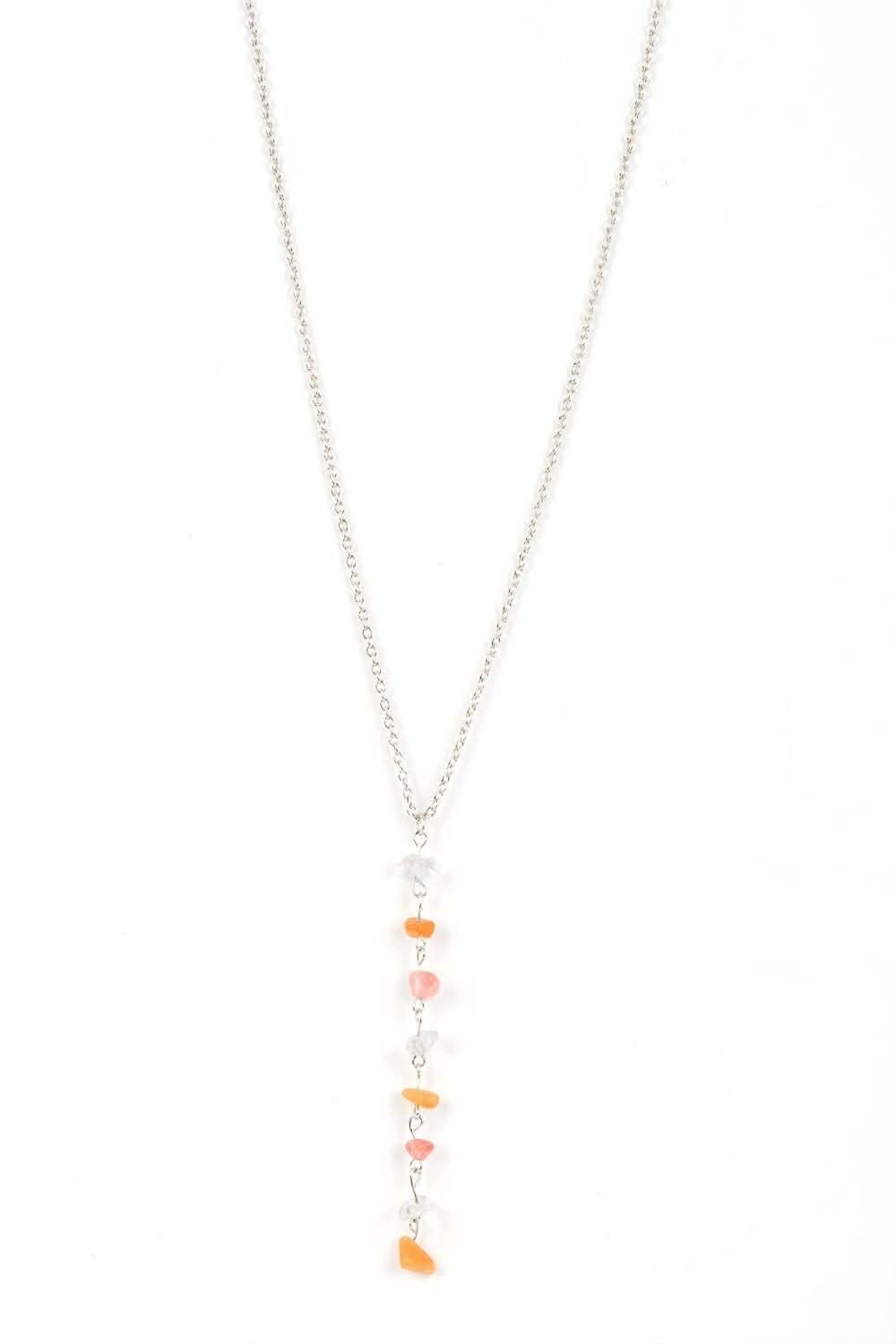 Silver Short Necklace w/ Brown Cracked Stone Deop Detail