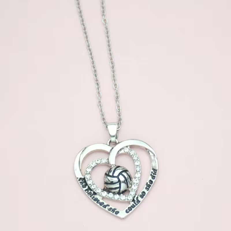 Silver Volleyball Necklace - She Believed she could so she did
