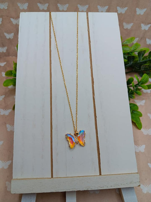 Gold Short Necklace w/ Mermaid Rhinestone Butterfly Pendant