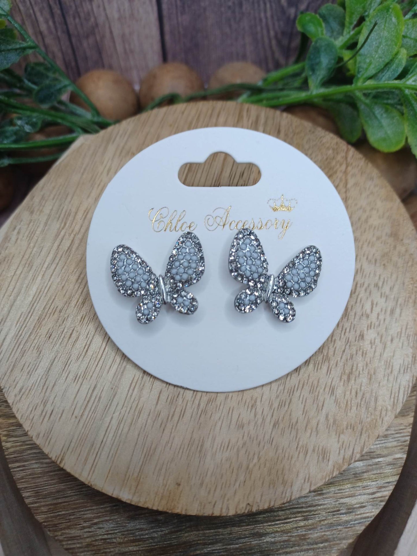 White Rhinestone Butterfly Earrings