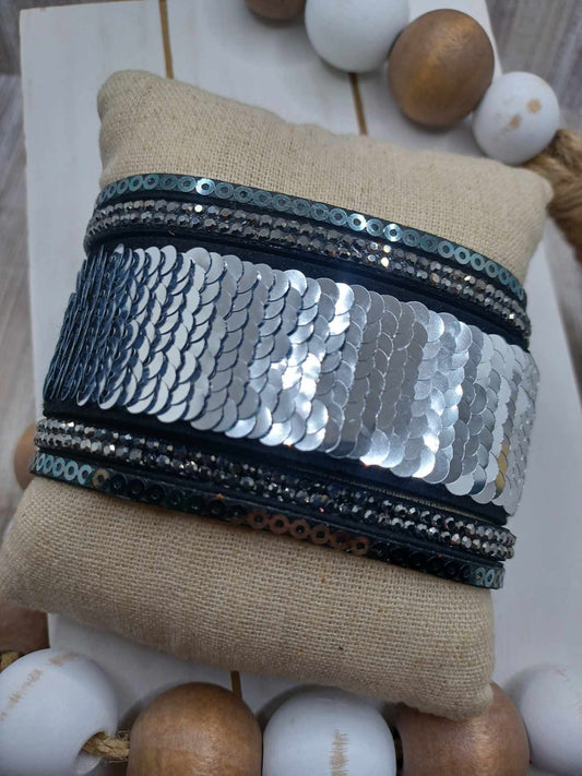 Wide Banded Black Suede Bracelet w/ Rhinestones & Sequins