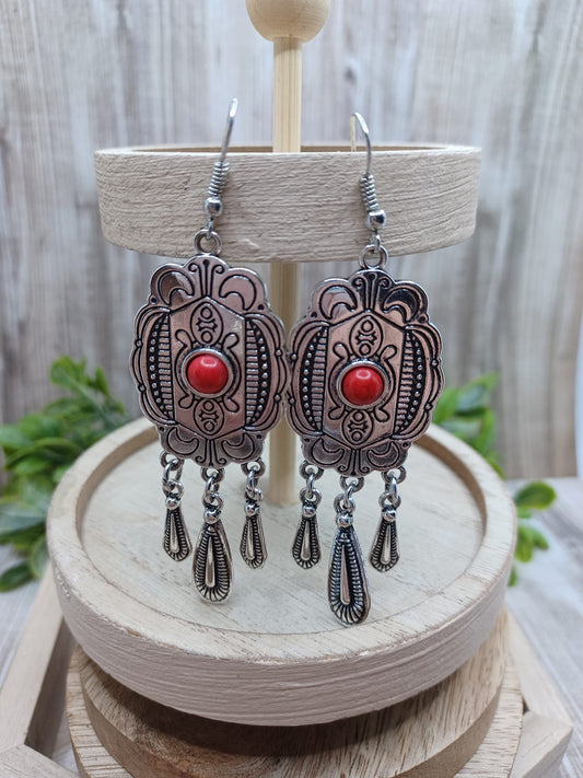 Silver Design Earrings w/ Centered Red Stone