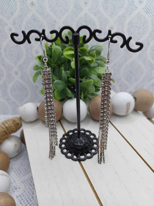 Silver Tassel Style Earrings w/ Rhinestone Accents